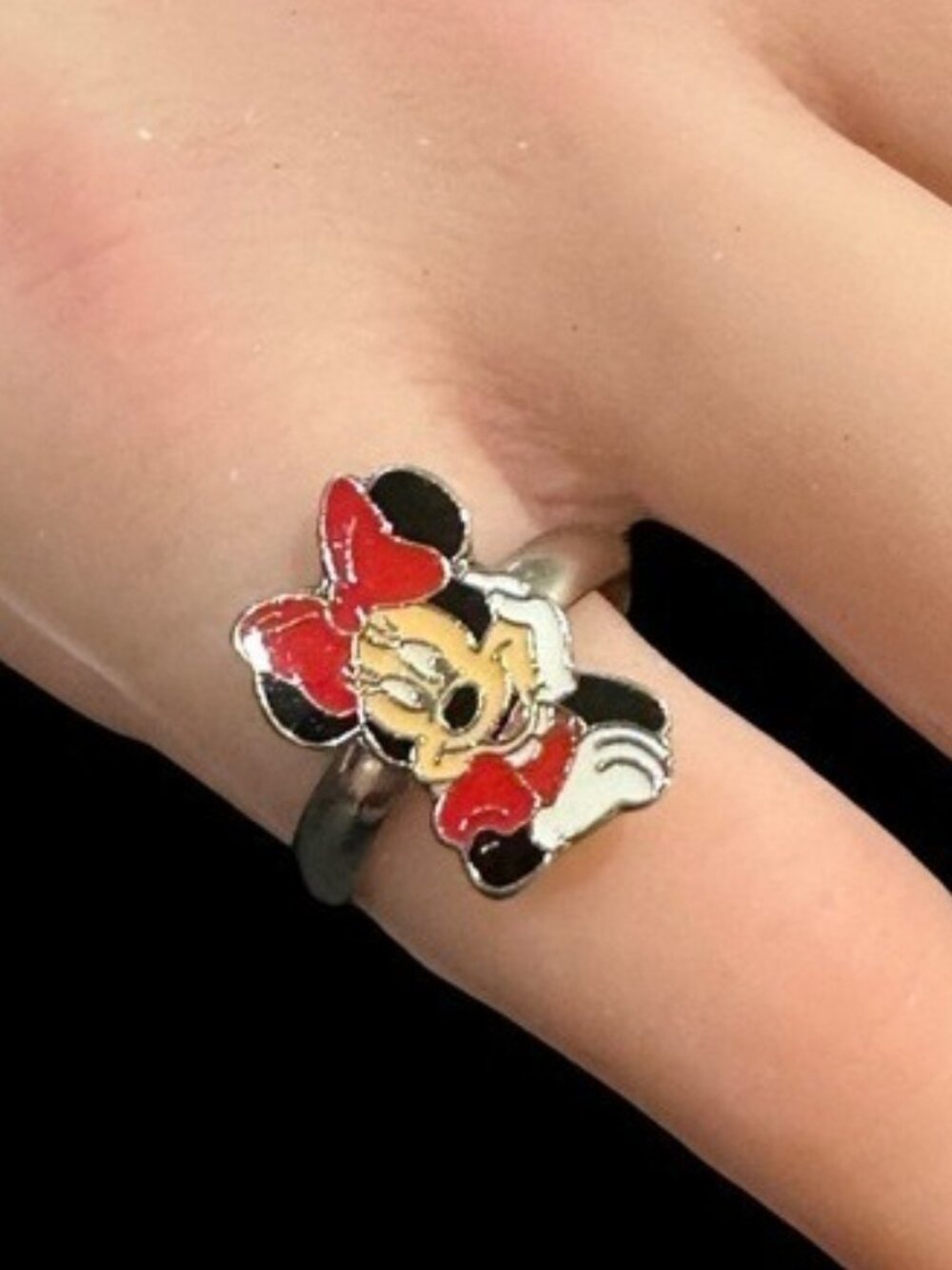 Vintage Disney Ring Minnie Mouse Enamel Red Black Silver Tone Adjustable Size 5